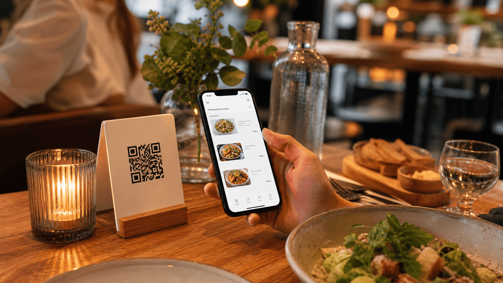 A guest scanning a QR code menu on a smartphone inside a modern restaurant