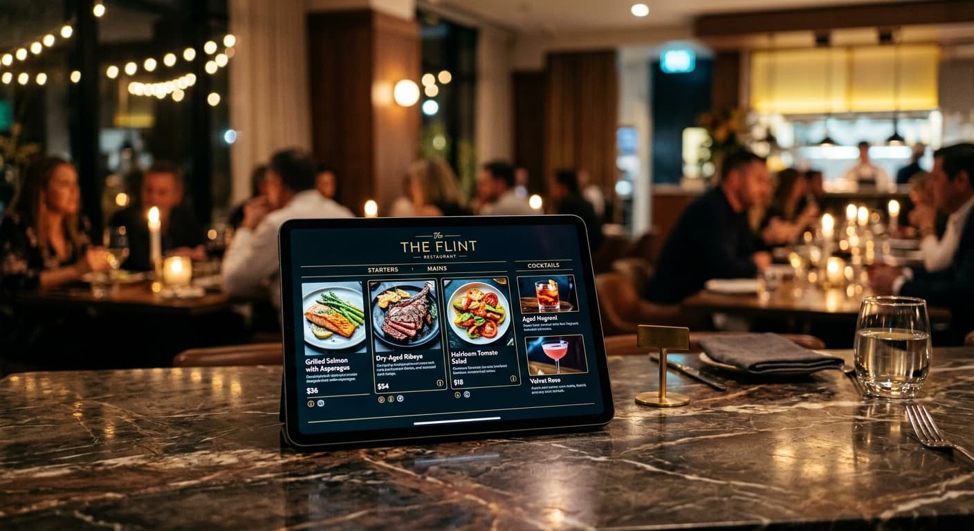 A restaurant tablet displaying a menu with seasonal dishes and cocktails